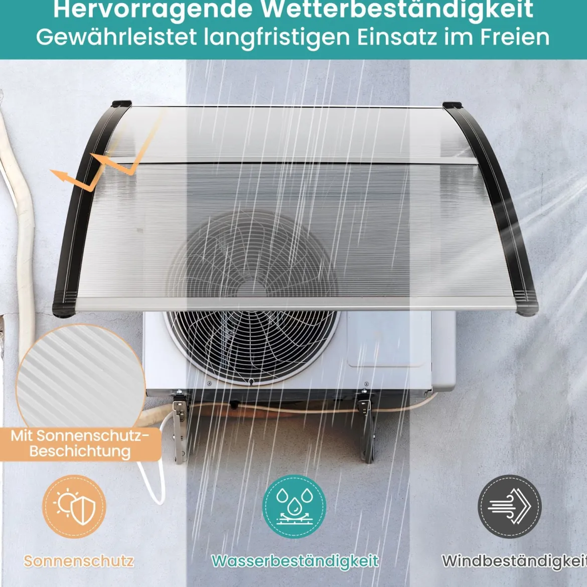 102 x 99 cm Vordach für Haustür Überdachung aus Aluminium und Polycarbonat Silber