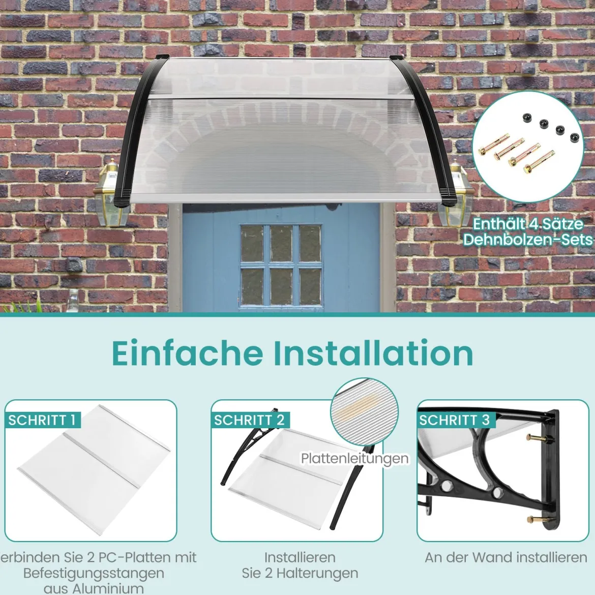 102 x 99 cm Vordach für Haustür Überdachung aus Aluminium und Polycarbonat Silber