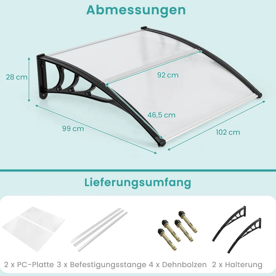102 x 99 cm Vordach für Haustür Überdachung aus Aluminium und Polycarbonat Silber