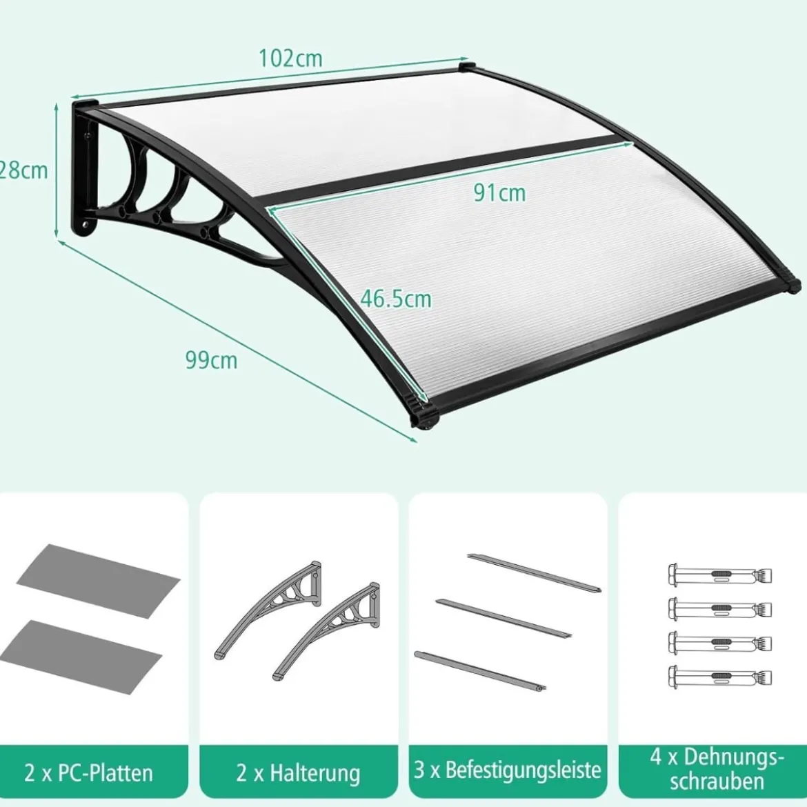 102 x 99 cm Vordach für Haustür Überdachung aus Aluminium und Polycarbonat Transparent