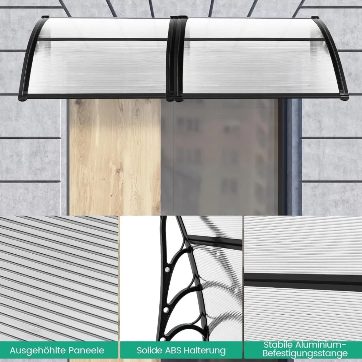 102 x 99 cm Vordach für Haustür Überdachung aus Aluminium und Polycarbonat Transparent