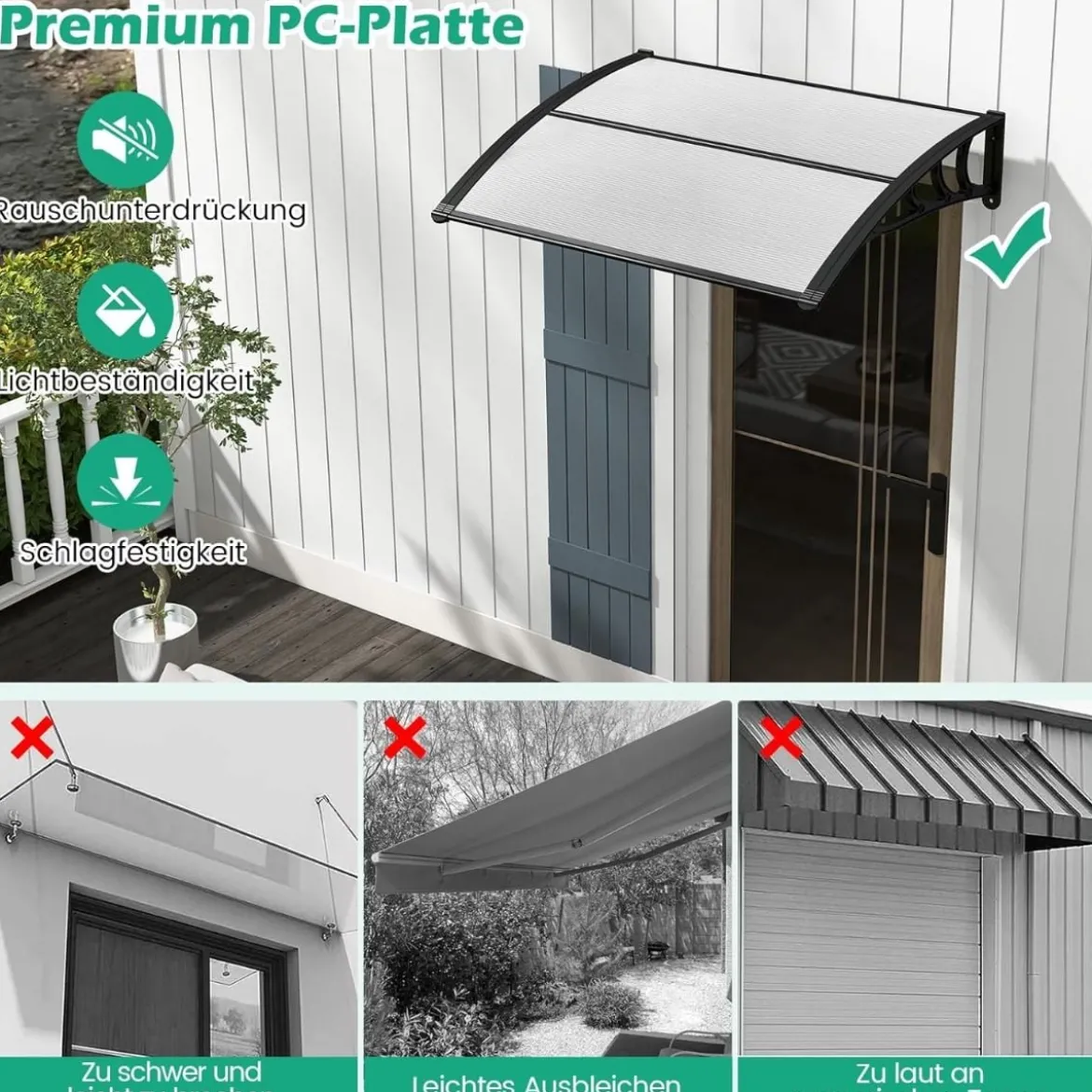 102 x 99 cm Vordach für Haustür Überdachung aus Aluminium und Polycarbonat Transparent