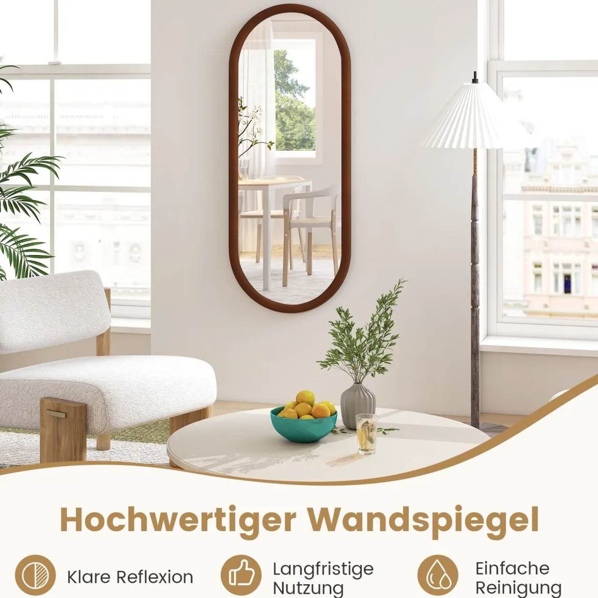 110 x 45 cm Wandspiegel mit Holzrahmen Oval Ganzkörperspiegel Hängespiegel Schminkspiegel