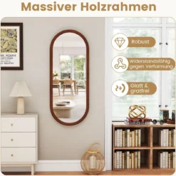110 x 45 cm Wandspiegel mit Holzrahmen Oval Ganzkörperspiegel Hängespiegel Schminkspiegel