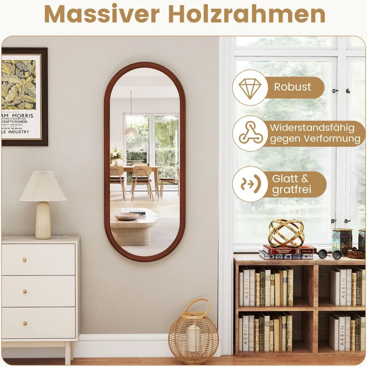 110 x 45 cm Wandspiegel mit Holzrahmen Oval Ganzkörperspiegel Hängespiegel Schminkspiegel