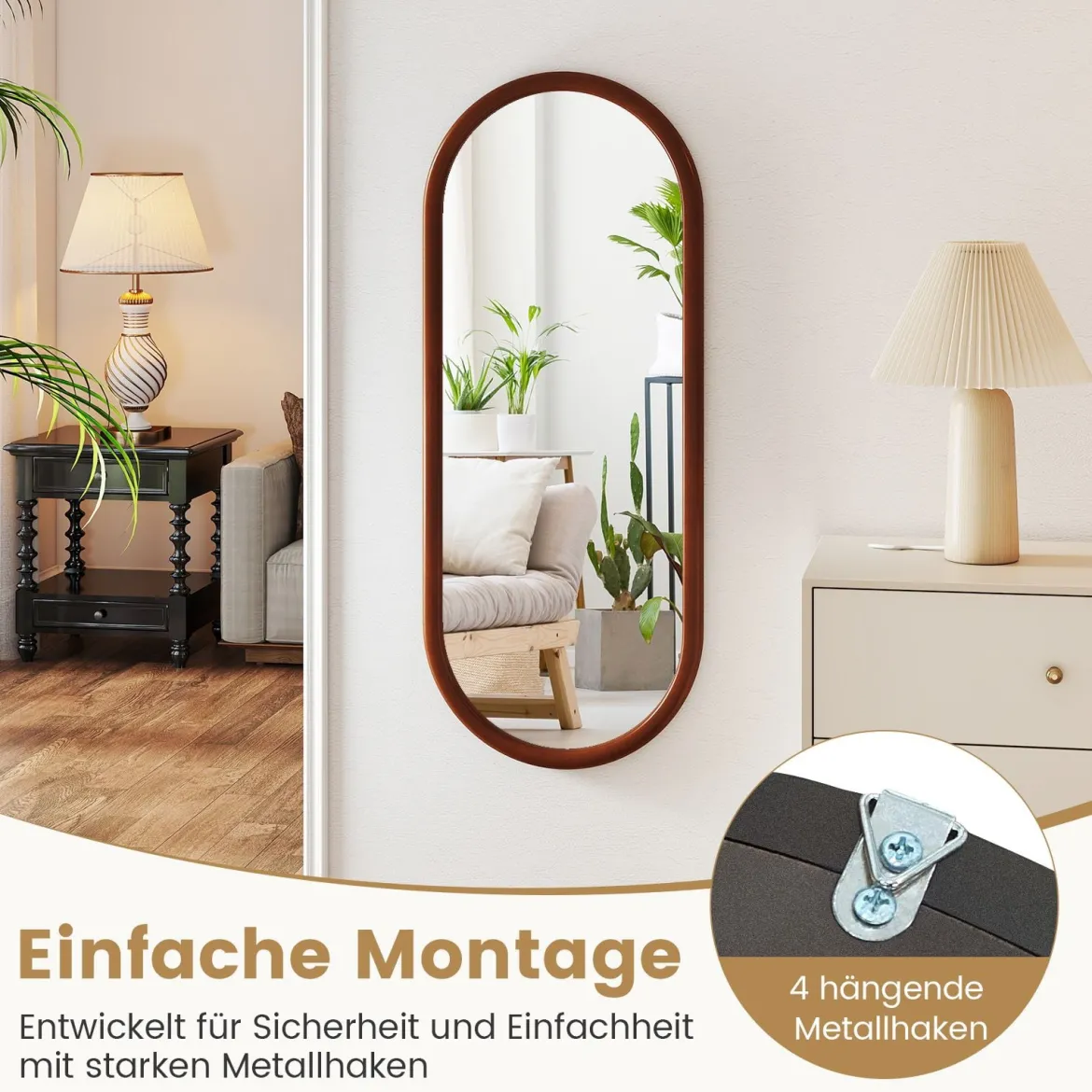 110 x 45 cm Wandspiegel mit Holzrahmen Oval Ganzkörperspiegel Hängespiegel Schminkspiegel