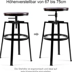 2 x Hocker Rund Tresenhocker Metall-Barstuhl Barhocker Holzhocker höhenverstellbar