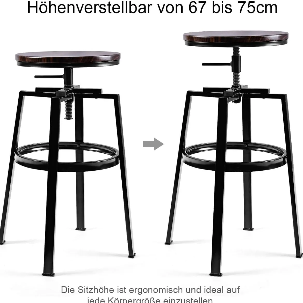 2 x Hocker Rund Tresenhocker Metall-Barstuhl Barhocker Holzhocker höhenverstellbar