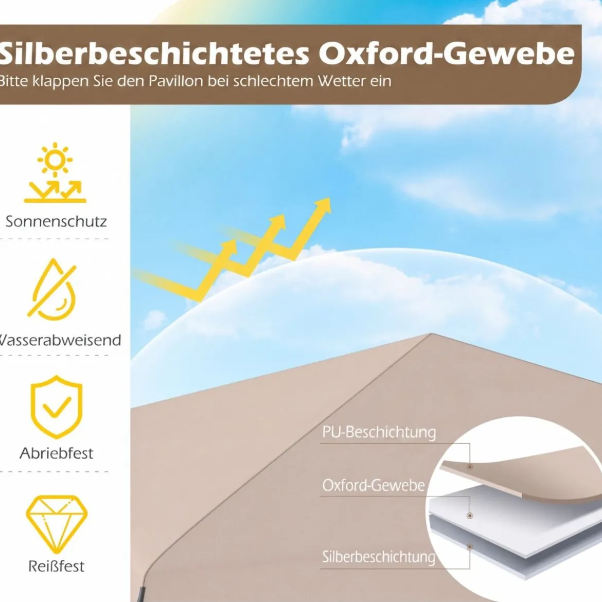 3 x 3 m Faltpavillon Wasserfest Höhenverstellbar Sonnenschutz für Camping Hof Beige