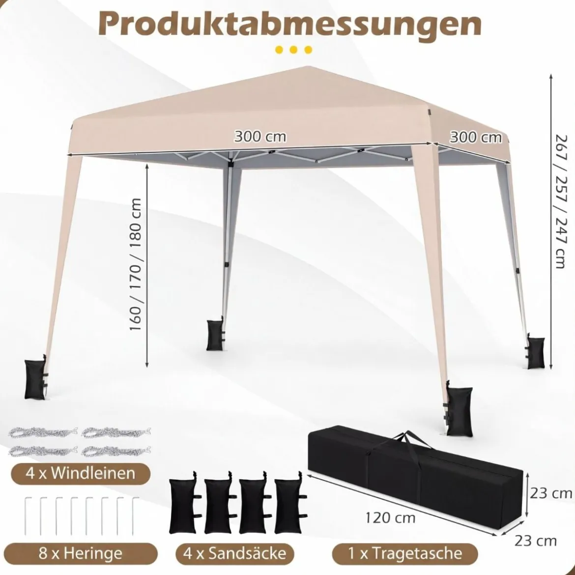 3 x 3 m Faltpavillon Wasserfest Höhenverstellbar Sonnenschutz für Camping Hof Beige