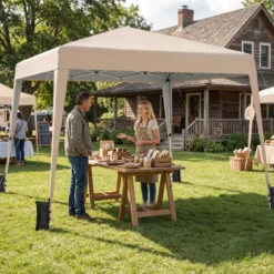 3 x 3 m Faltpavillon Wasserfest Höhenverstellbar Sonnenschutz für Camping Hof Beige