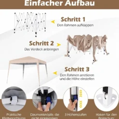 3 x 3 m Faltpavillon Wasserfest Höhenverstellbar Sonnenschutz für Camping Hof Beige