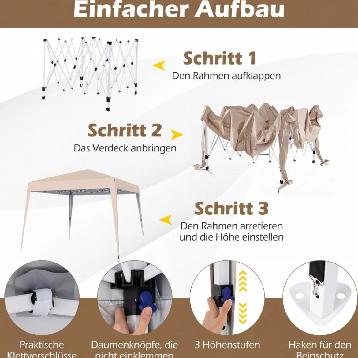 3 x 3 m Faltpavillon Wasserfest Höhenverstellbar Sonnenschutz für Camping Hof Beige