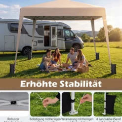3 x 3 m Faltpavillon Wasserfest Höhenverstellbar Sonnenschutz für Camping Hof Beige