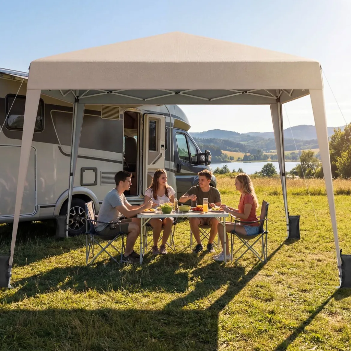 3 x 3 m Faltpavillon Wasserfest Höhenverstellbar Sonnenschutz für Camping Hof Beige