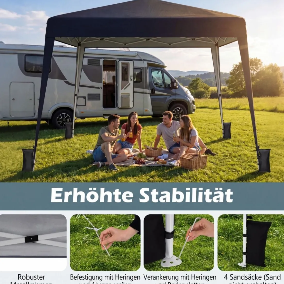 3 x 3 m Faltpavillon Wasserfest Höhenverstellbar Sonnenschutz für Camping Hof Schwarz