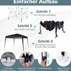 3 x 3 m Faltpavillon Wasserfest Höhenverstellbar Sonnenschutz für Camping Hof Schwarz