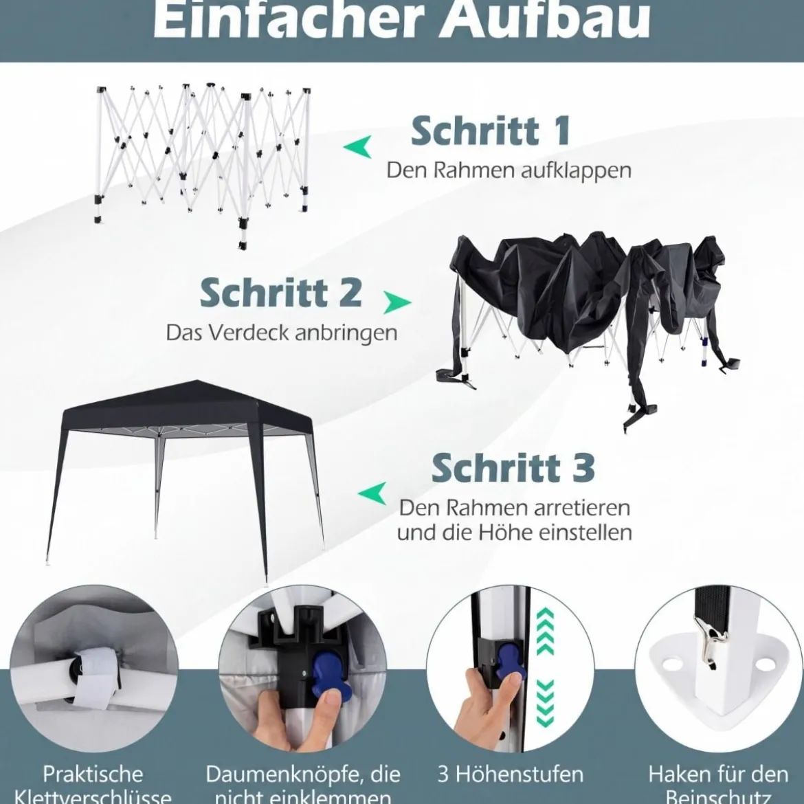 3 x 3 m Faltpavillon Wasserfest Höhenverstellbar Sonnenschutz für Camping Hof Schwarz