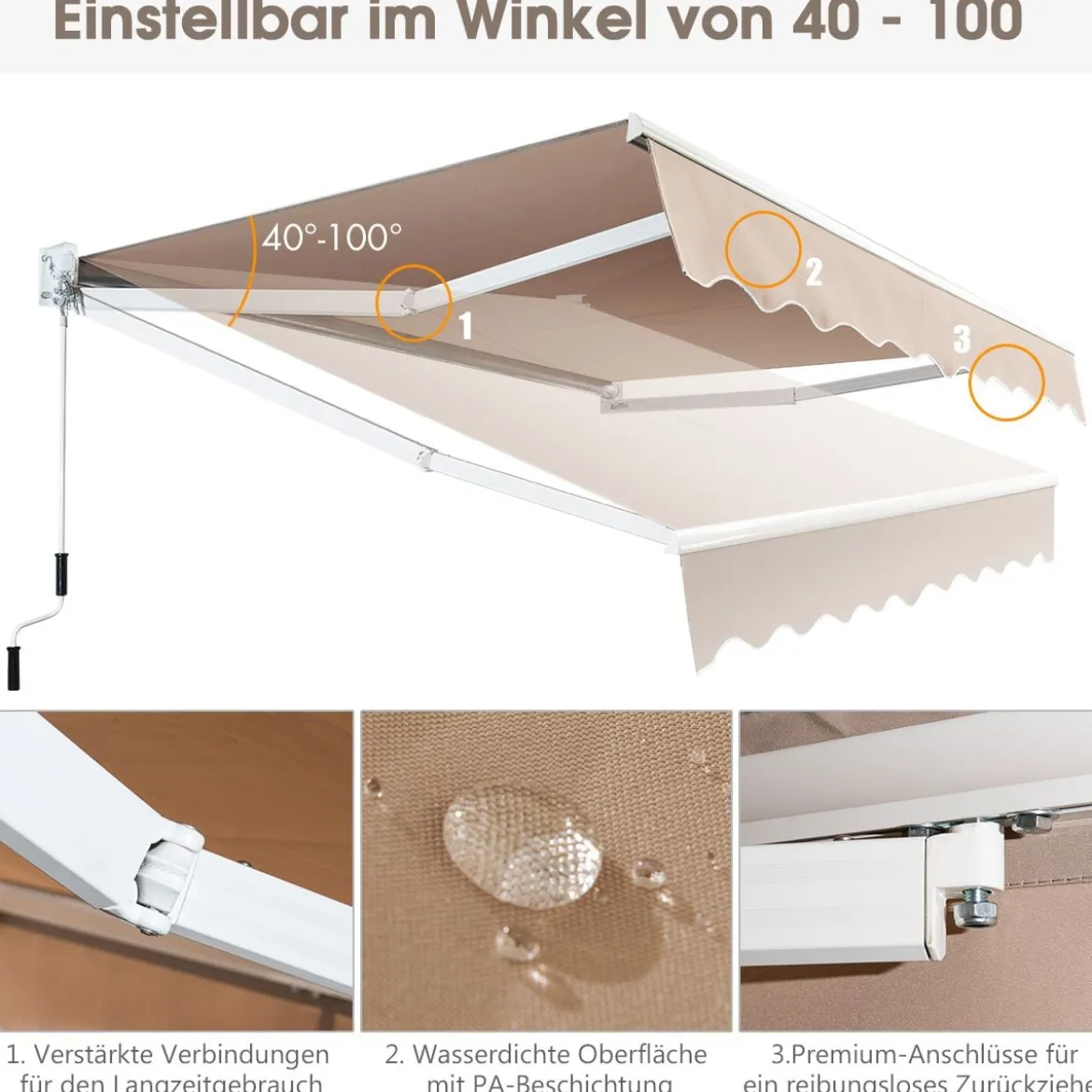 2,5 x 2 m Gelenkarmmarkise mit UV- & Wasserbeständigem Material & Kurbel