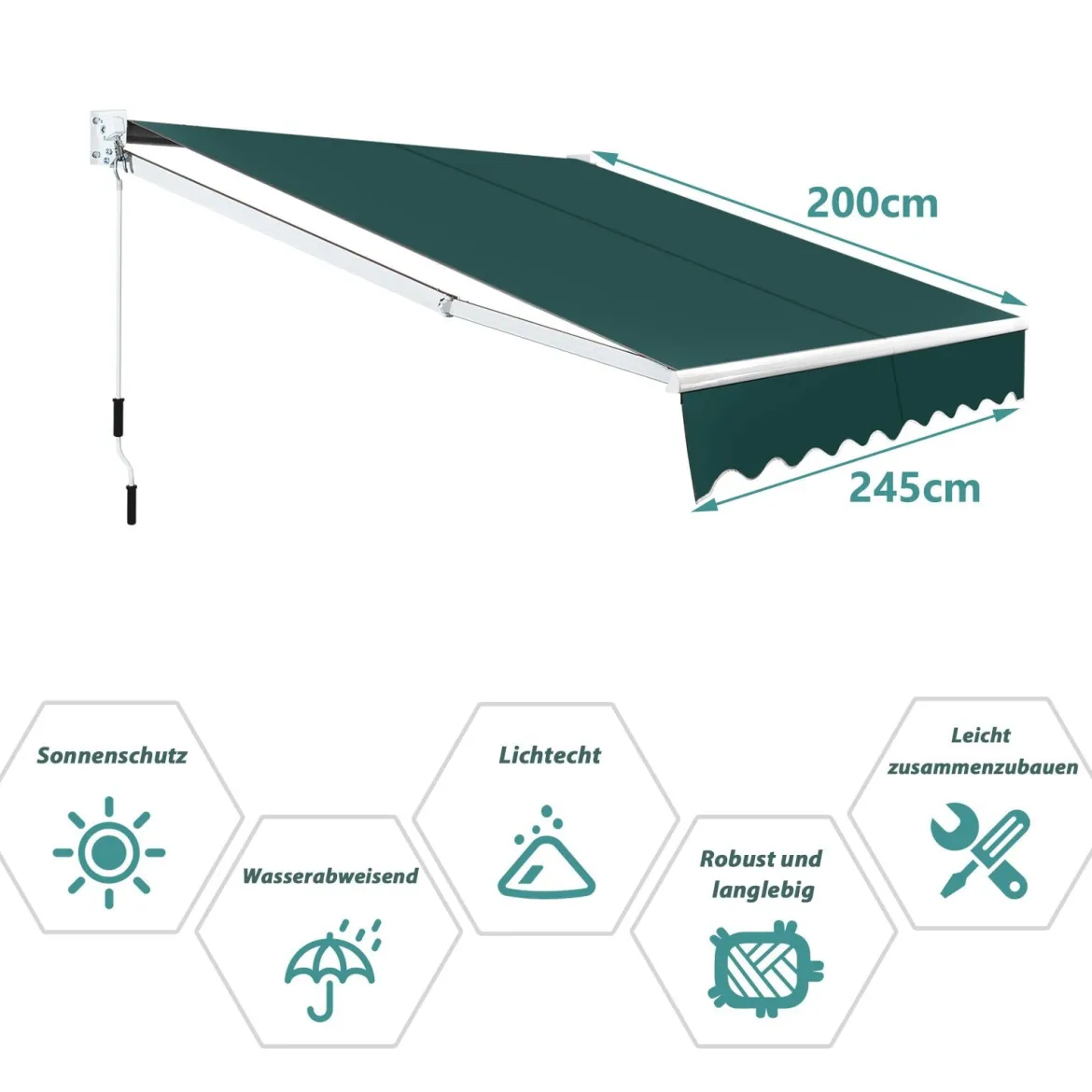 2,5 x 2 m Gelenkarmmarkise mit UV- & Wasserbeständigem Material & Kurbel