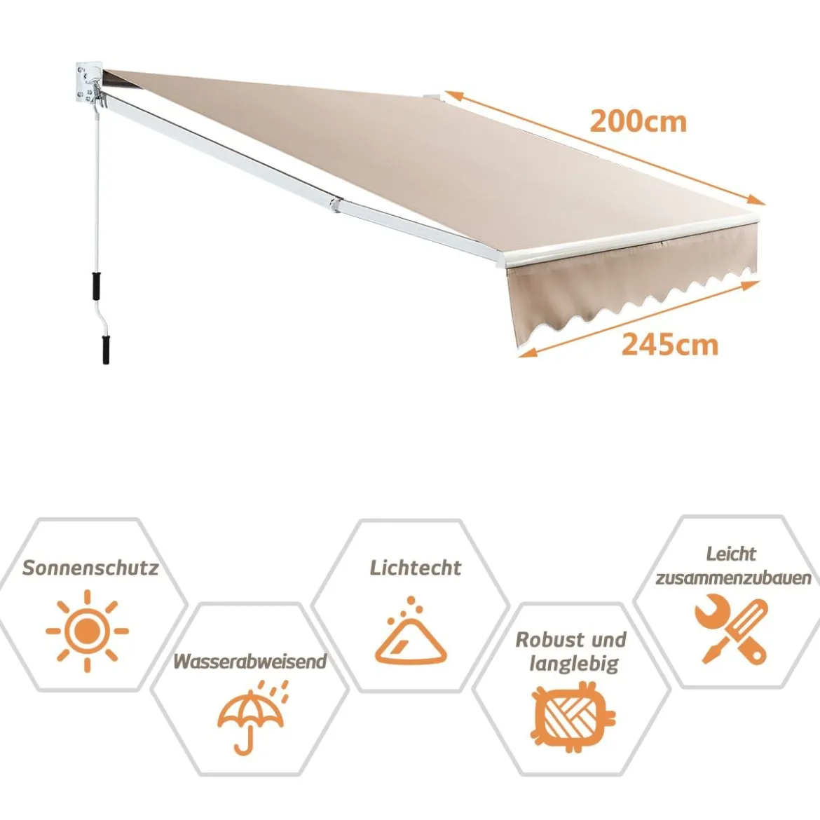2,5 x 2 m Gelenkarmmarkise mit UV- & Wasserbeständigem Material & Kurbel