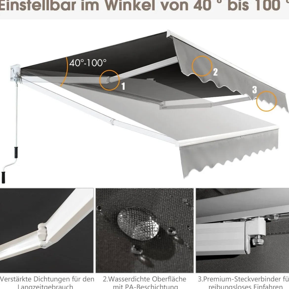 2,5 x 2 m Gelenkarmmarkise mit UV- & Wasserbeständigem Material & Kurbel