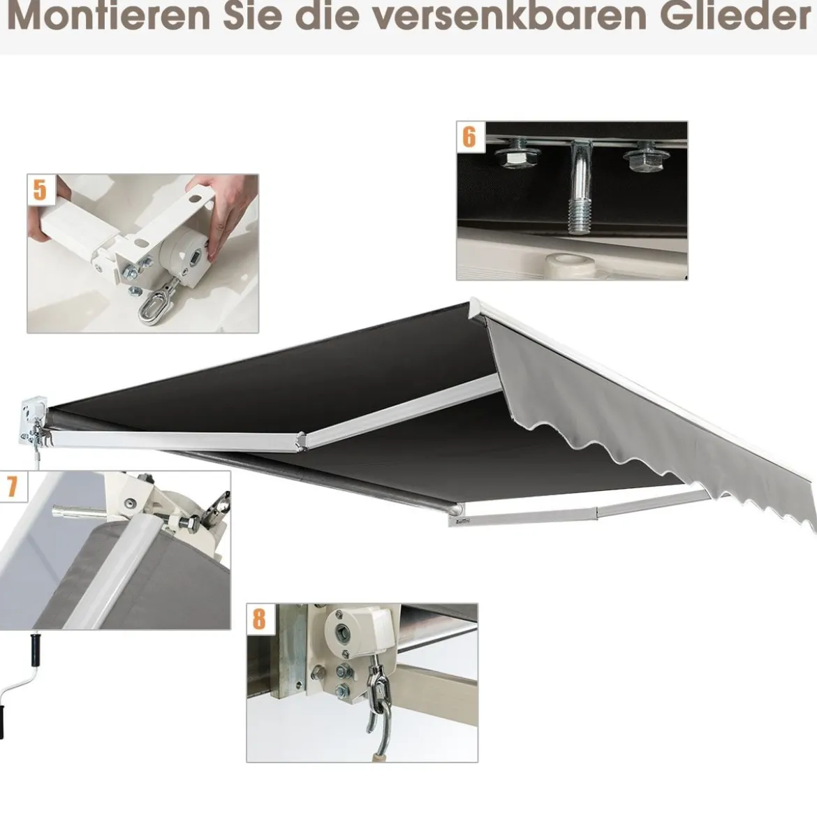 2,5 x 2 m Gelenkarmmarkise mit UV- & Wasserbeständigem Material & Kurbel