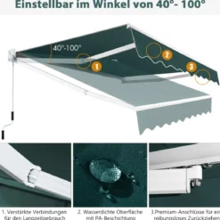 2,5 x 2 m Gelenkarmmarkise mit UV- & Wasserbeständigem Material & Kurbel
