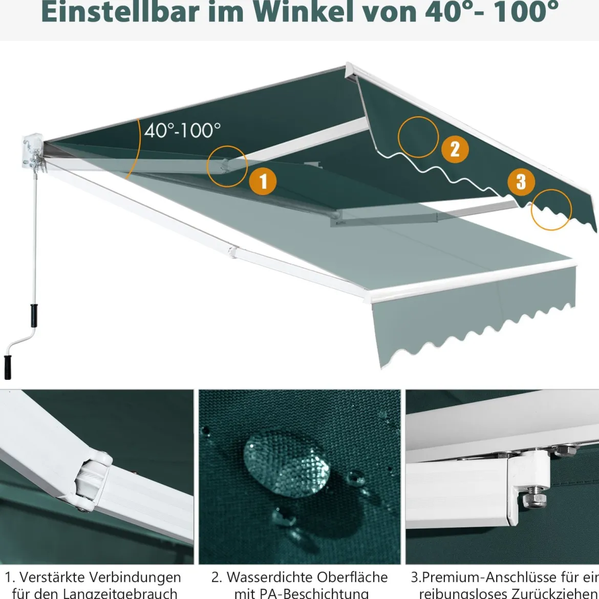 2,5 x 2 m Gelenkarmmarkise mit UV- & Wasserbeständigem Material & Kurbel