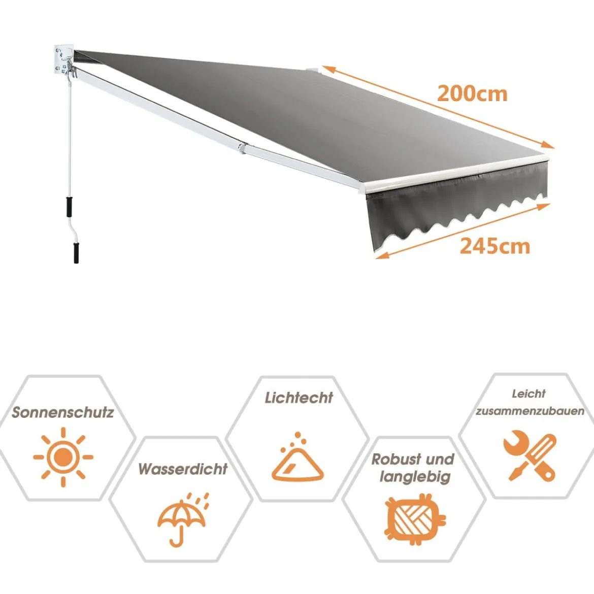 2,5 x 2 m Gelenkarmmarkise mit UV- & Wasserbeständigem Material & Kurbel