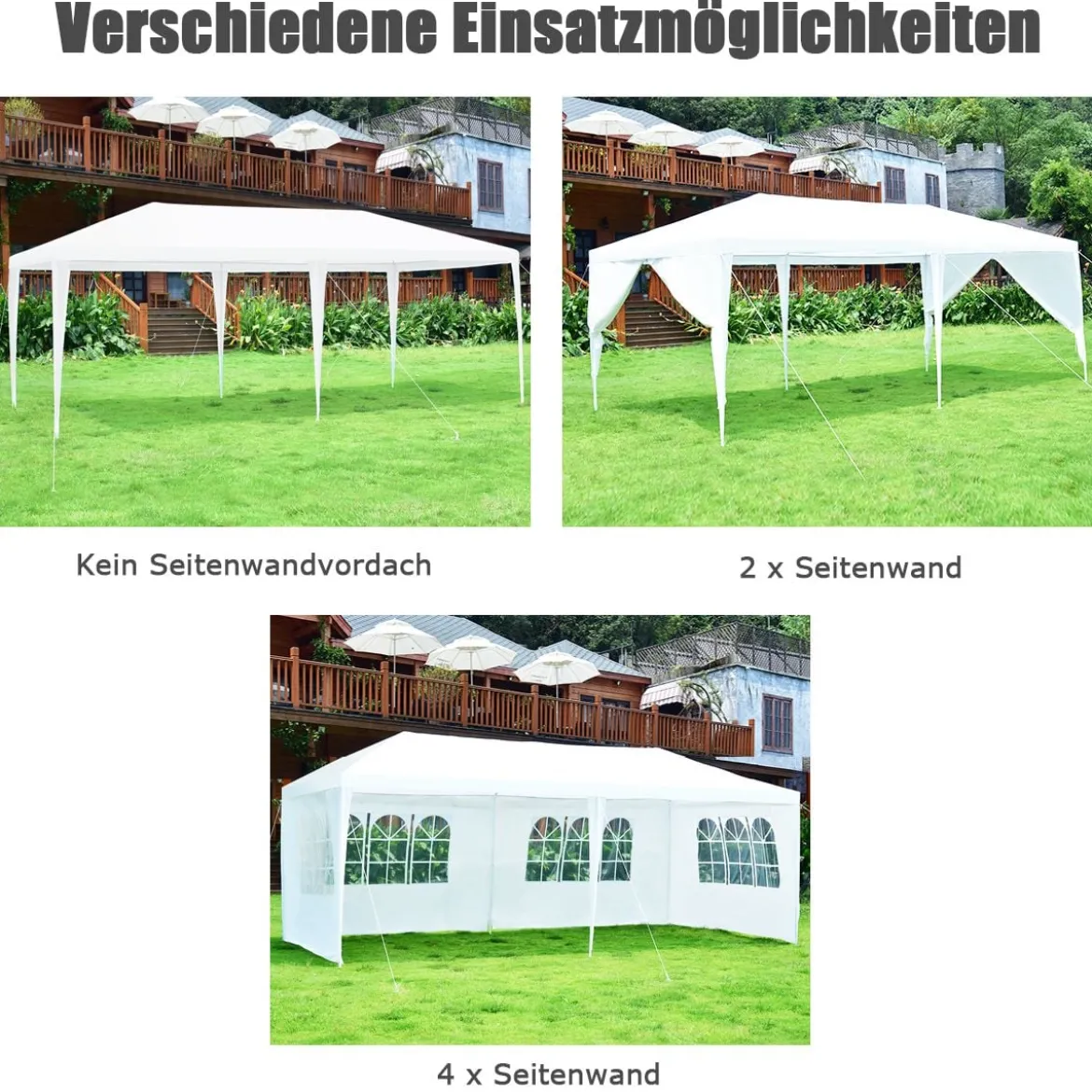 6 x 3 m Outdoor-Zelt tragbares wasserdichtes Zelt mit 4 abnehmbaren Seitenwänden Weiß