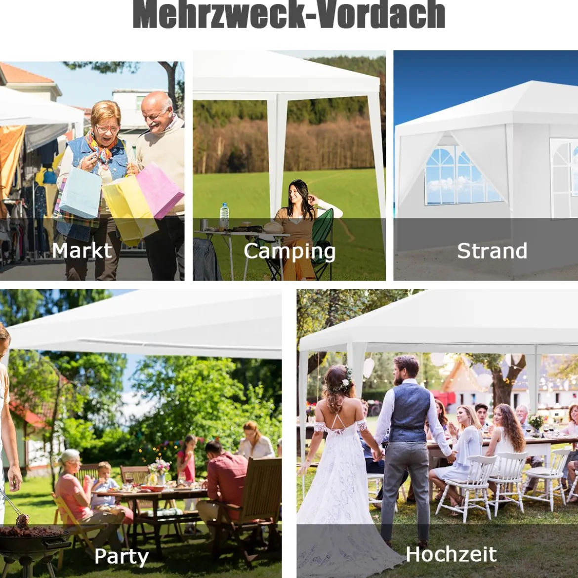 6 x 3 m Outdoor-Zelt tragbares wasserdichtes Zelt mit 4 abnehmbaren Seitenwänden Weiß