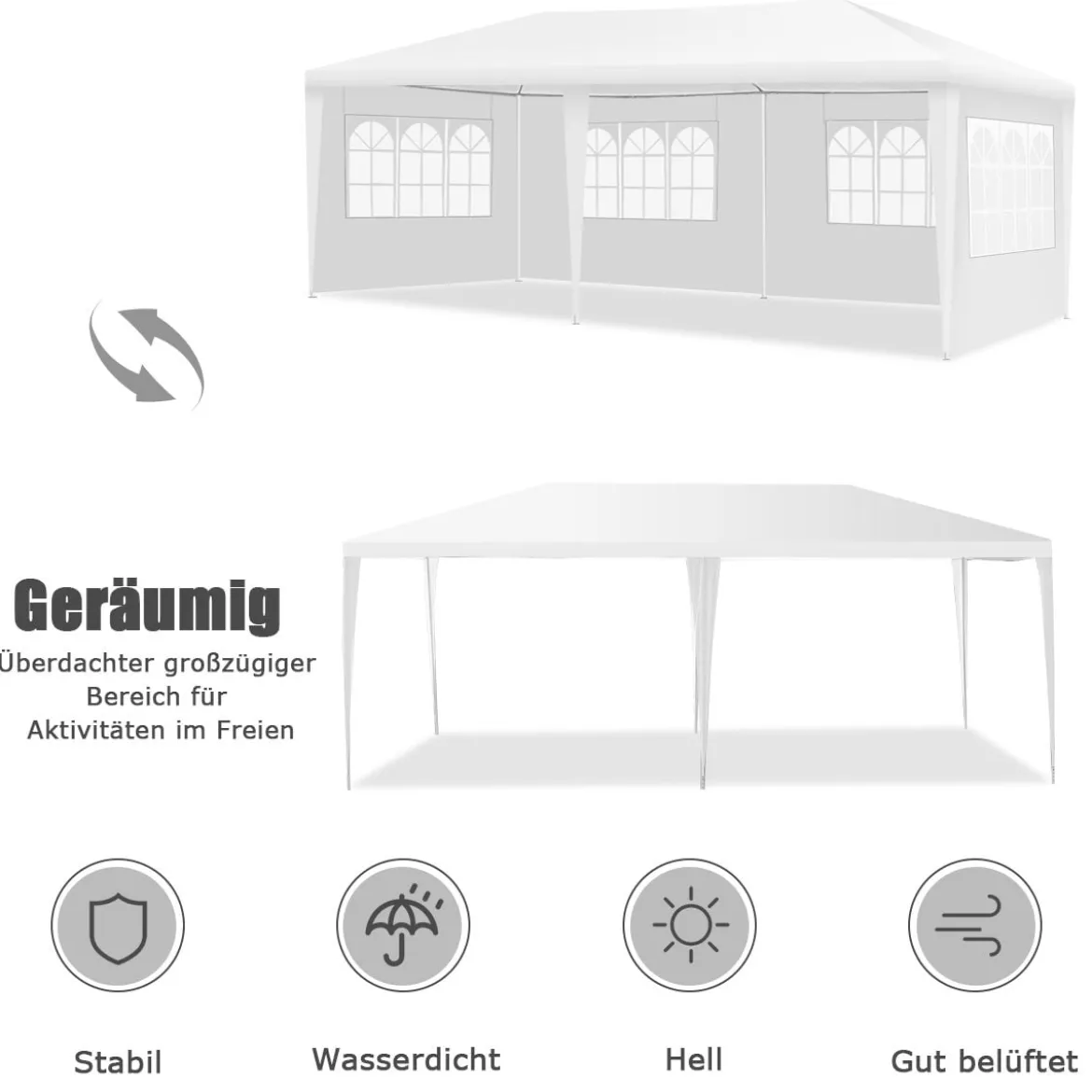 6 x 3 m Outdoor-Zelt tragbares wasserdichtes Zelt mit 4 abnehmbaren Seitenwänden Weiß