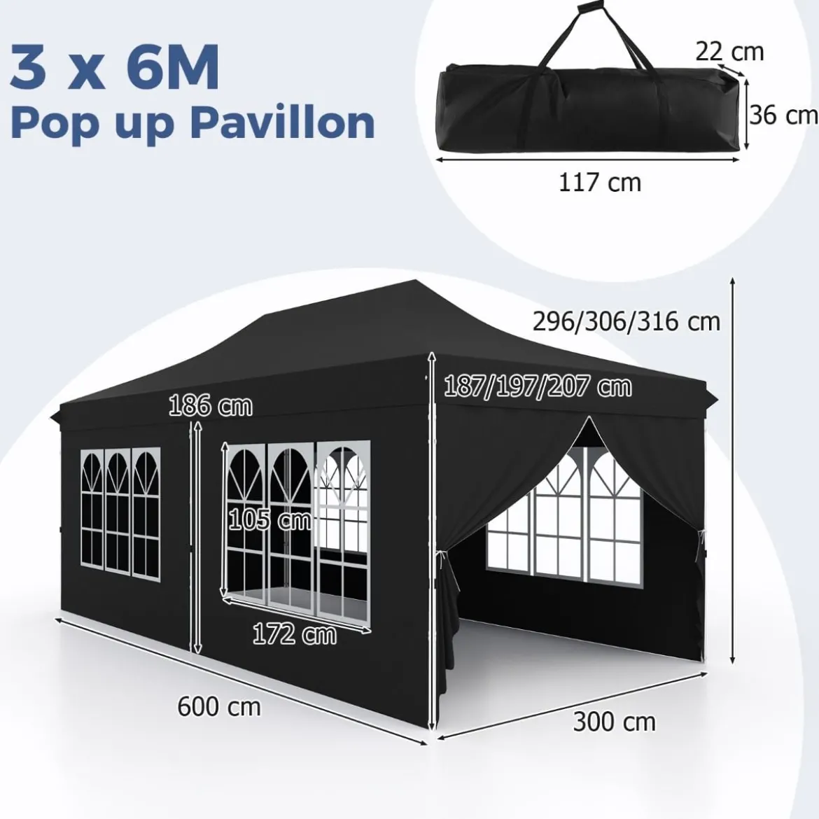 3 x 6 m Pavillon Faltpavillon mit 6 abnehmbaren Seitenwänden & Sandsäcke