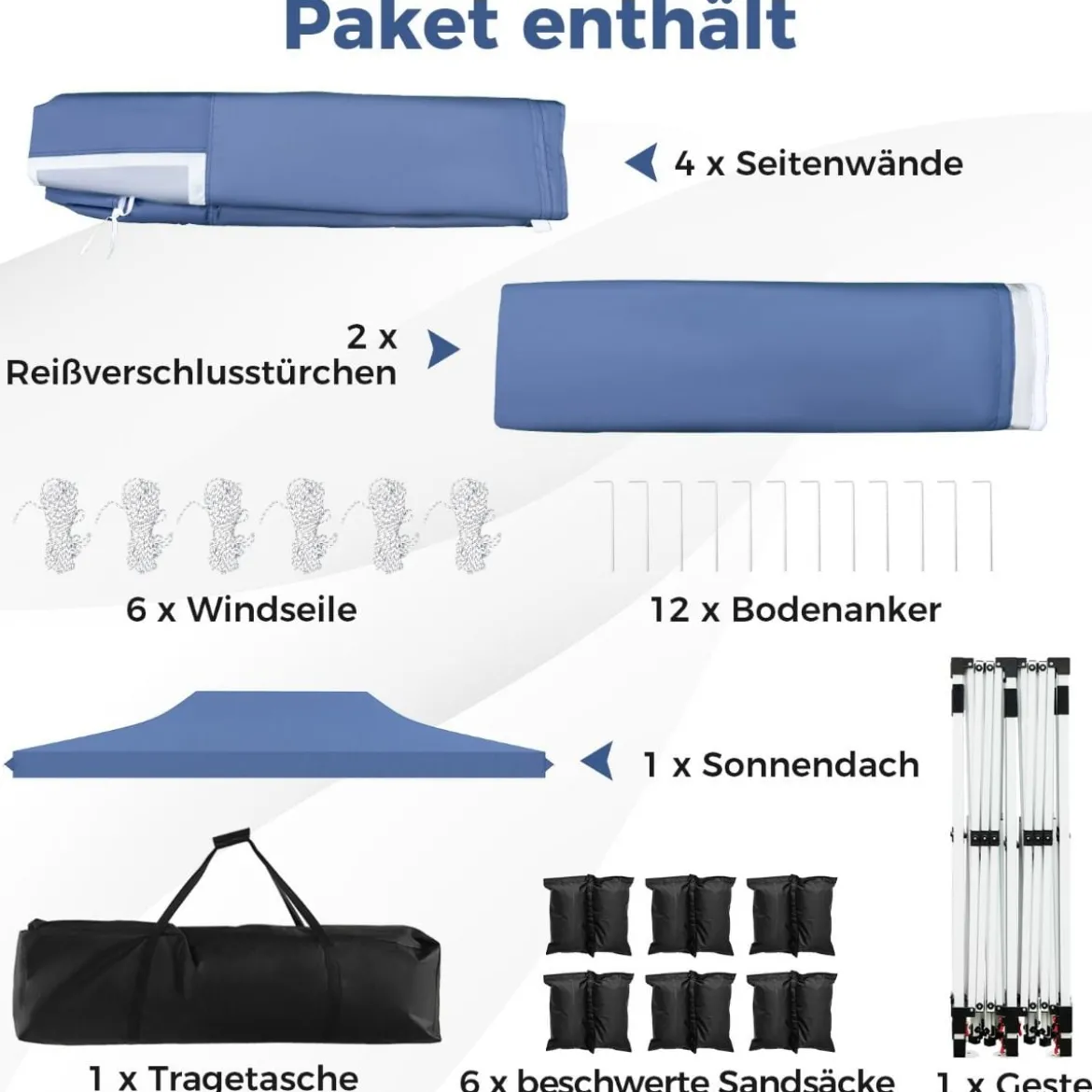 3 x 6 m Pavillon Faltpavillon mit 6 abnehmbaren Seitenwänden & Sandsäcke