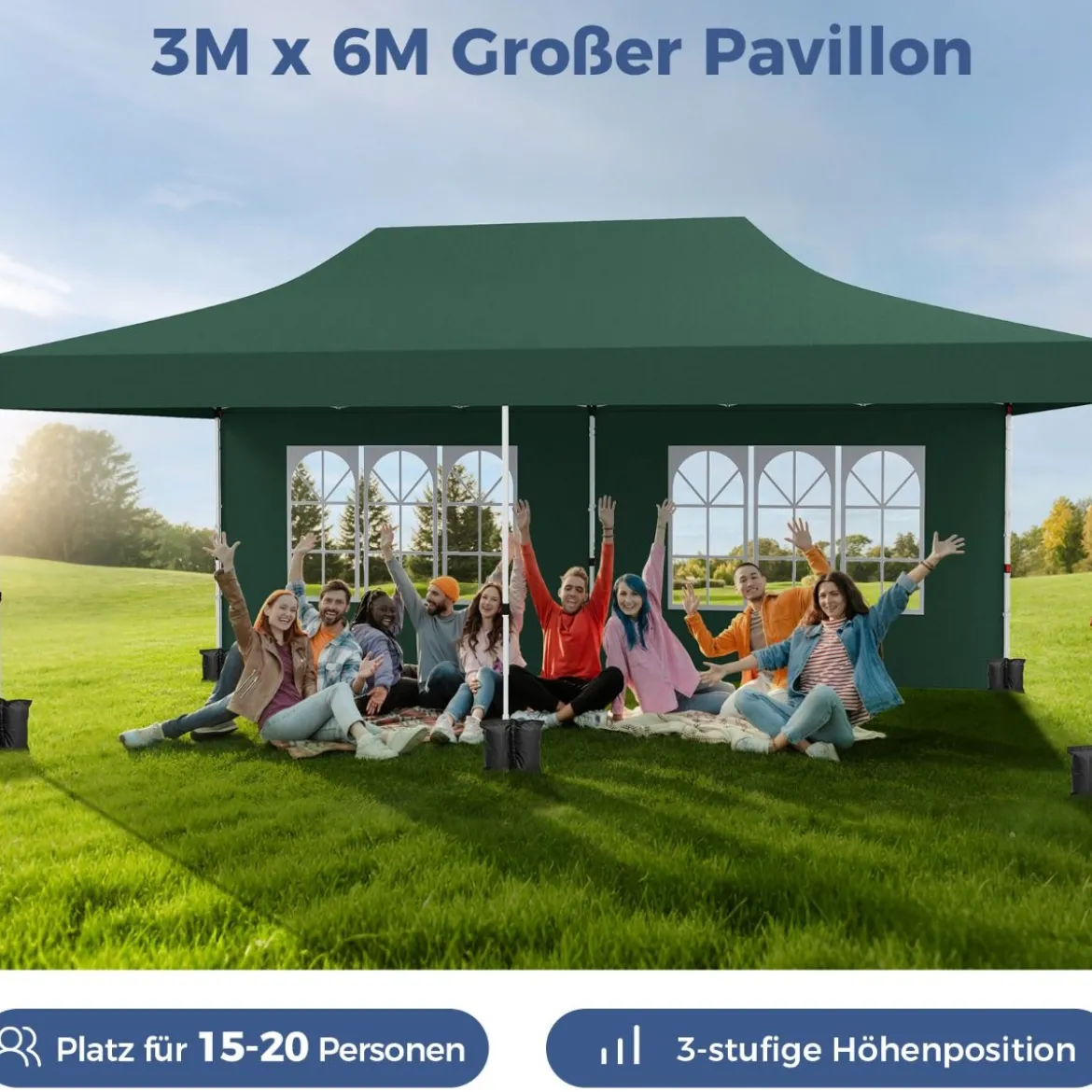 3 x 6 m Pavillon Faltpavillon mit 6 abnehmbaren Seitenwänden & Sandsäcke