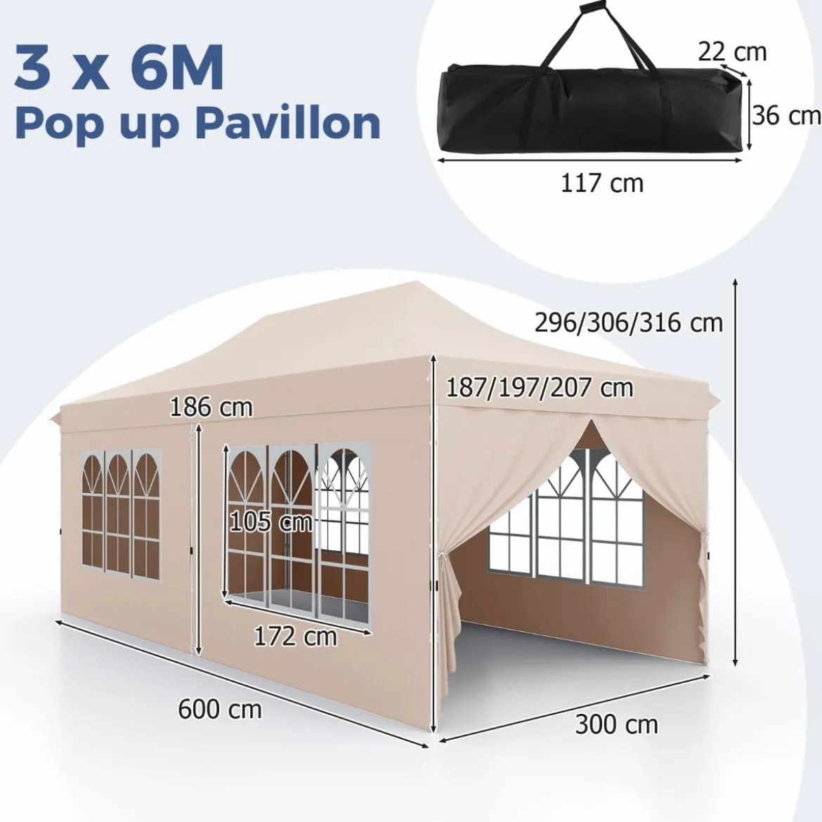 3 x 6 m Pavillon Faltpavillon mit 6 abnehmbaren Seitenwänden & Sandsäcke