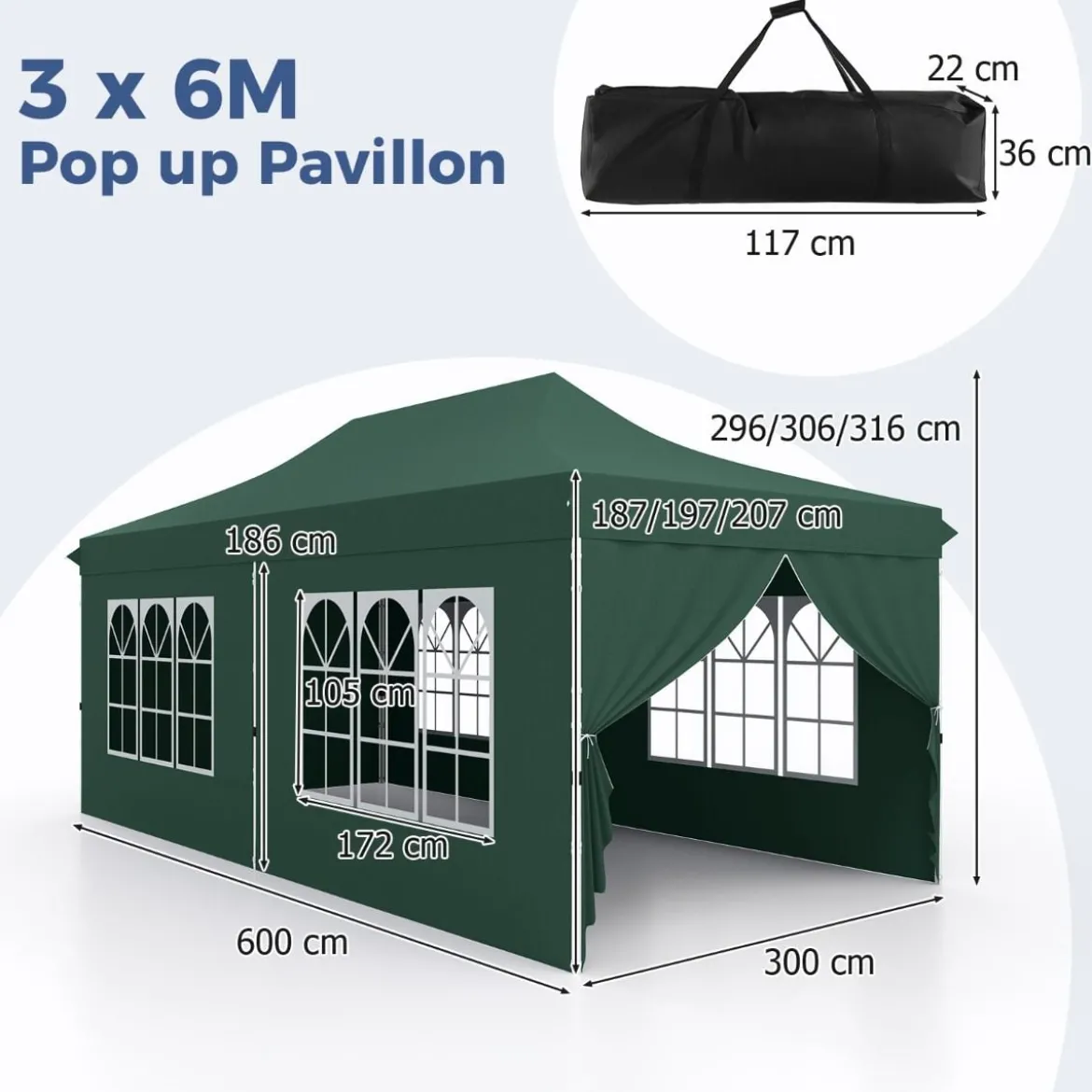 3 x 6 m Pavillon Faltpavillon mit 6 abnehmbaren Seitenwänden & Sandsäcke