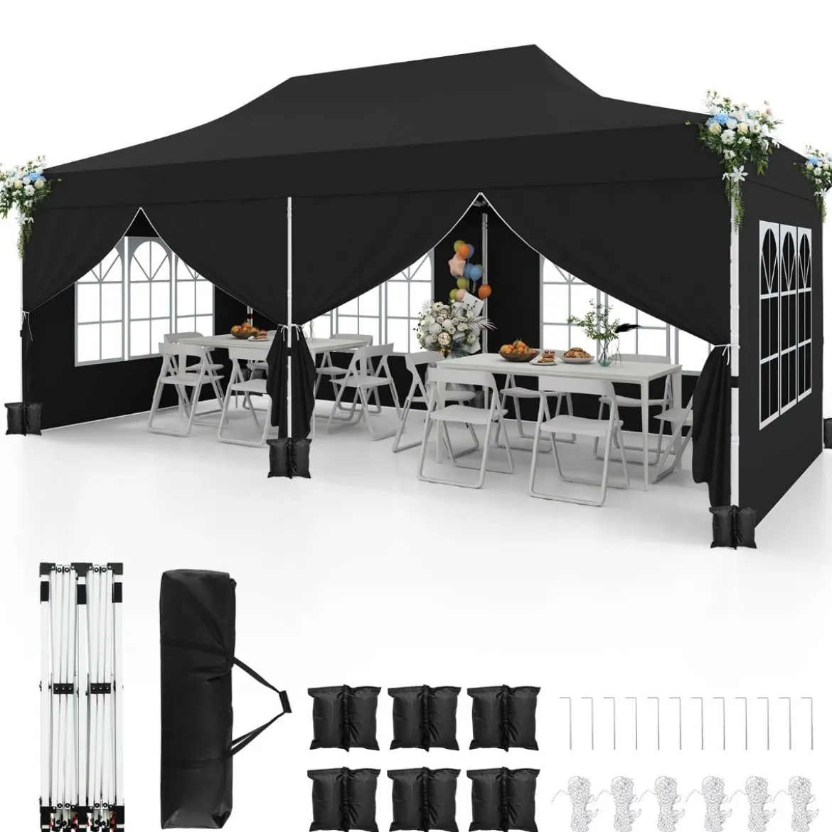 3 x 6 m Pavillon Faltpavillon mit 6 abnehmbaren Seitenwänden & Sandsäcke