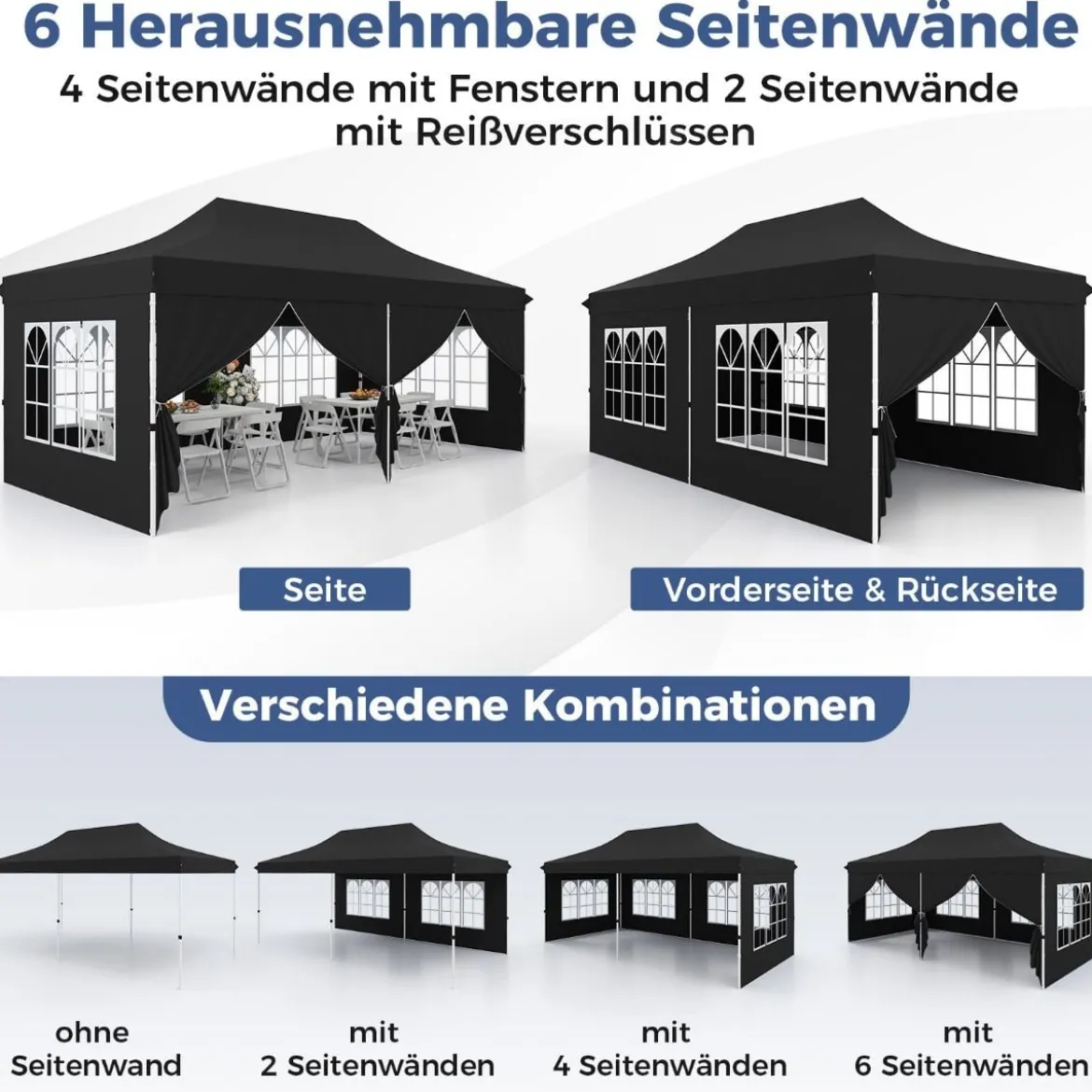 3 x 6 m Pavillon Faltpavillon mit 6 abnehmbaren Seitenwänden & Sandsäcke