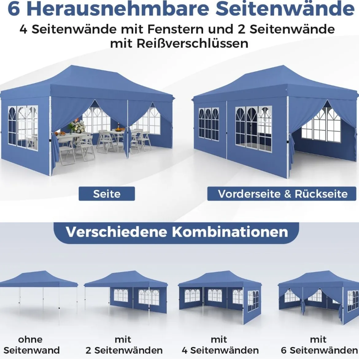 3 x 6 m Pavillon Faltpavillon mit 6 abnehmbaren Seitenwänden & Sandsäcke