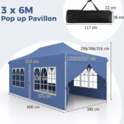 3 x 6 m Pavillon Faltpavillon mit 6 abnehmbaren Seitenwänden & Sandsäcke