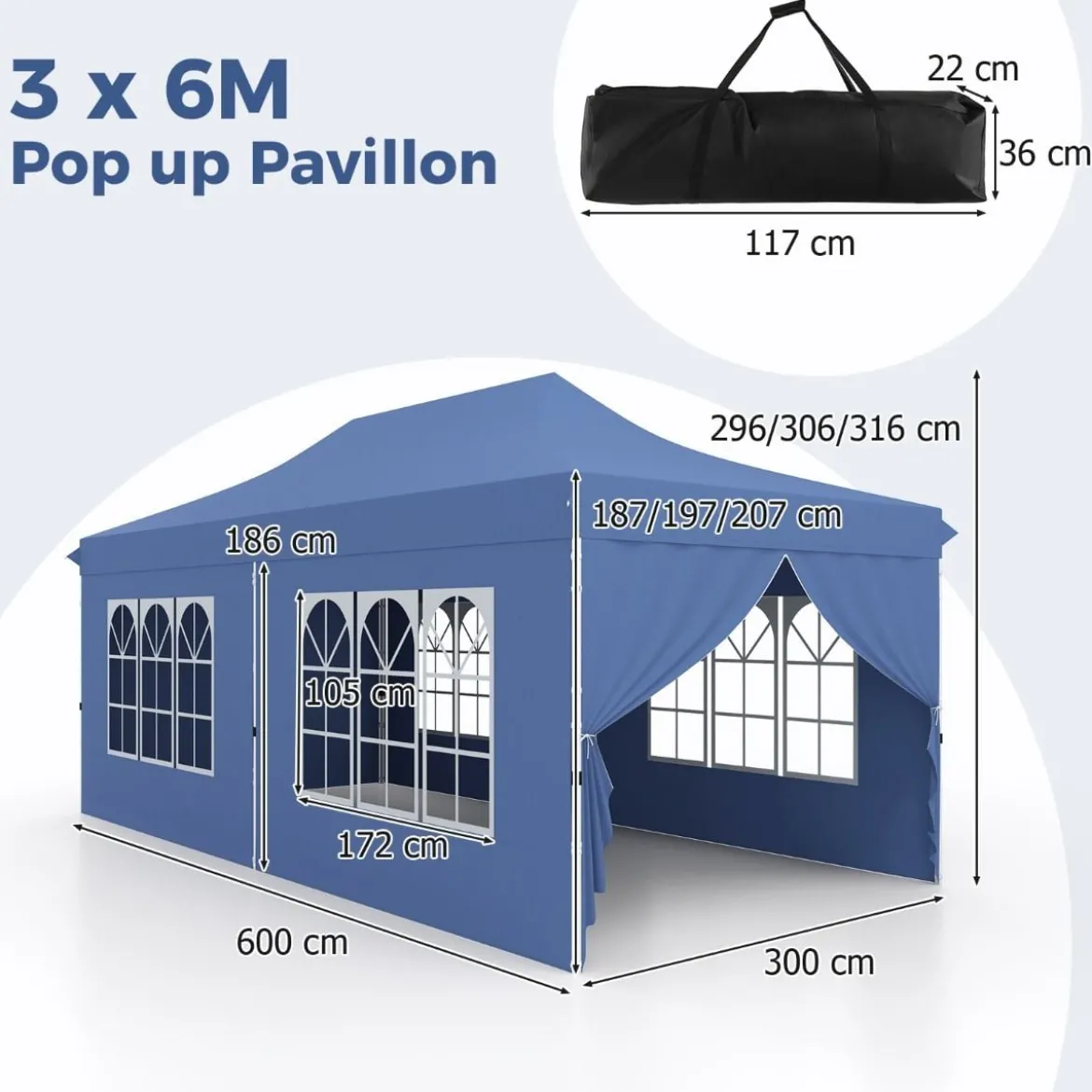 3 x 6 m Pavillon Faltpavillon mit 6 abnehmbaren Seitenwänden & Sandsäcke