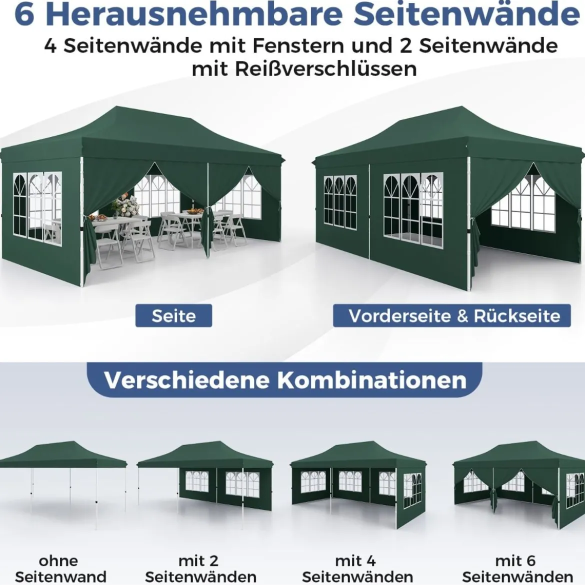 3 x 6 m Pavillon Faltpavillon mit 6 abnehmbaren Seitenwänden & Sandsäcke