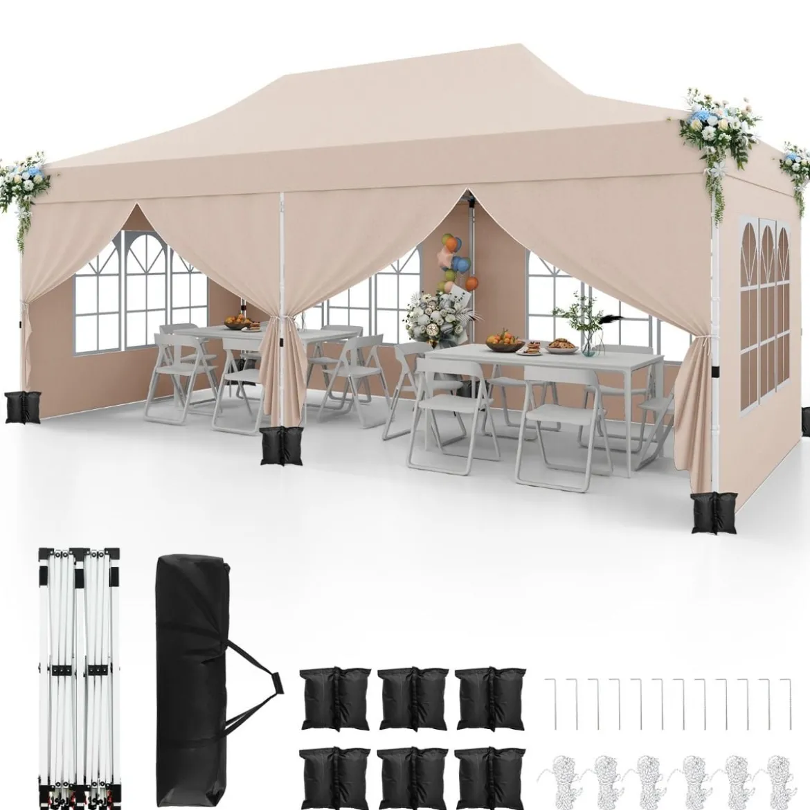 3 x 6 m Pavillon Faltpavillon mit 6 abnehmbaren Seitenwänden & Sandsäcke