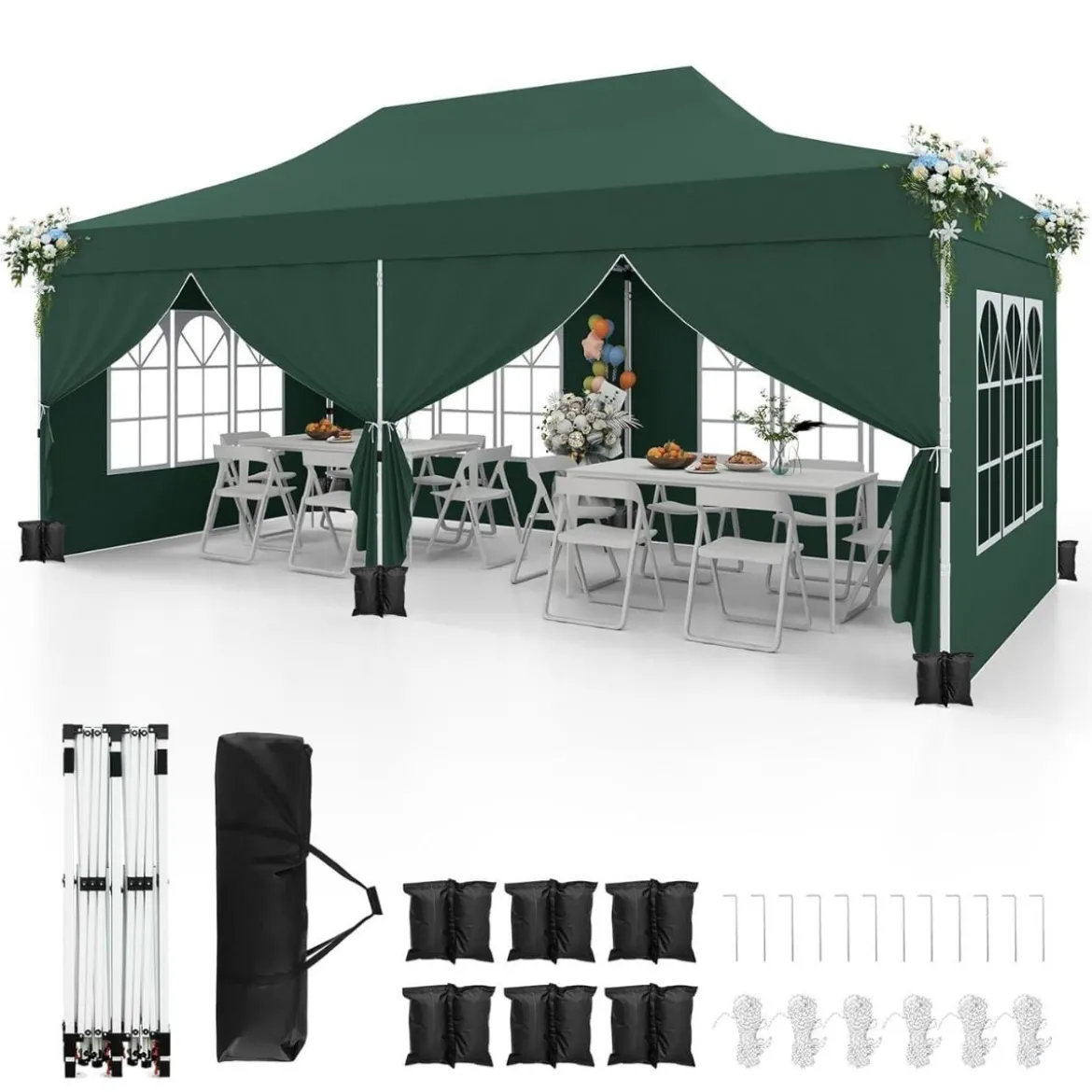 3 x 6 m Pavillon Faltpavillon mit 6 abnehmbaren Seitenwänden & Sandsäcke