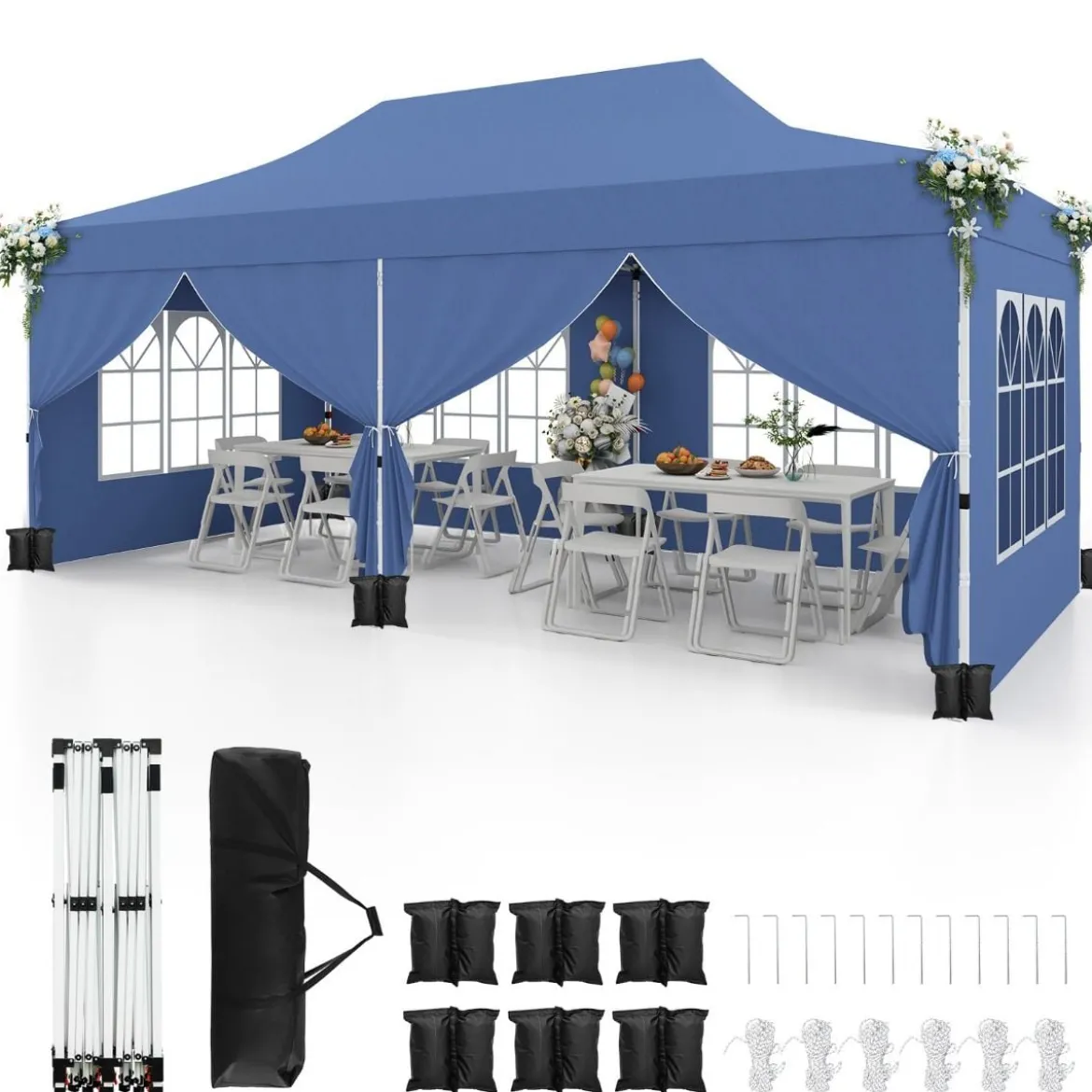 3 x 6 m Pavillon Faltpavillon mit 6 abnehmbaren Seitenwänden & Sandsäcke