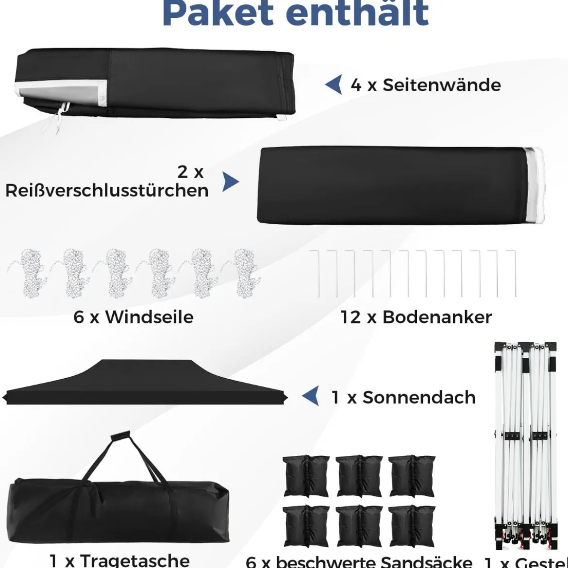 3 x 6 m Pavillon Faltpavillon mit 6 abnehmbaren Seitenwänden & Sandsäcke