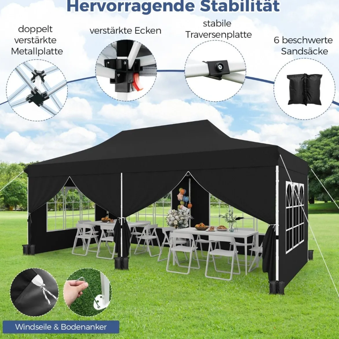 3 x 6 m Pavillon Faltpavillon mit 6 abnehmbaren Seitenwänden & Sandsäcke