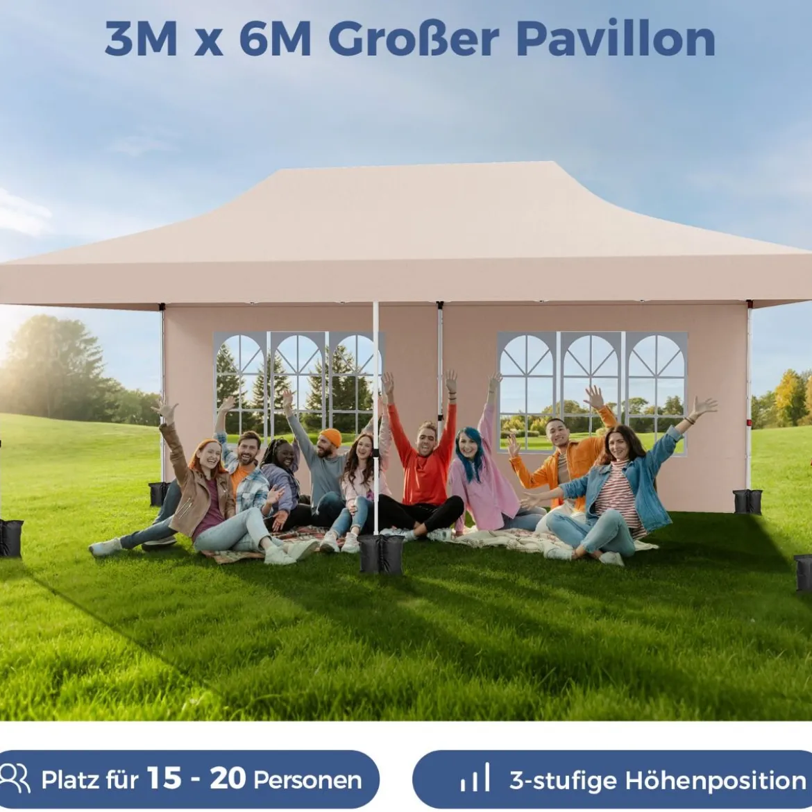 3 x 6 m Pavillon Faltpavillon mit 6 abnehmbaren Seitenwänden & Sandsäcke